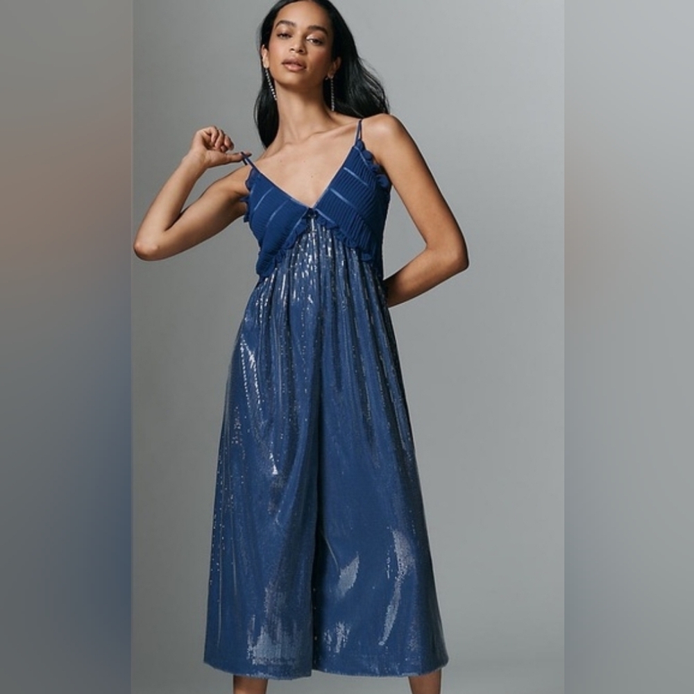 Maeve By Anthropology Blue Fluid Shine Ruffle Jumpsuit. New With Tags